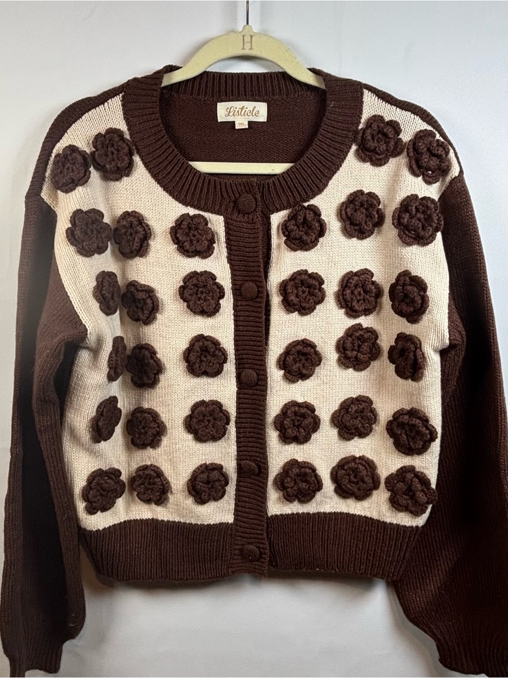 Listicle Brown & Cream 3D Floral Button-Front Cardigan